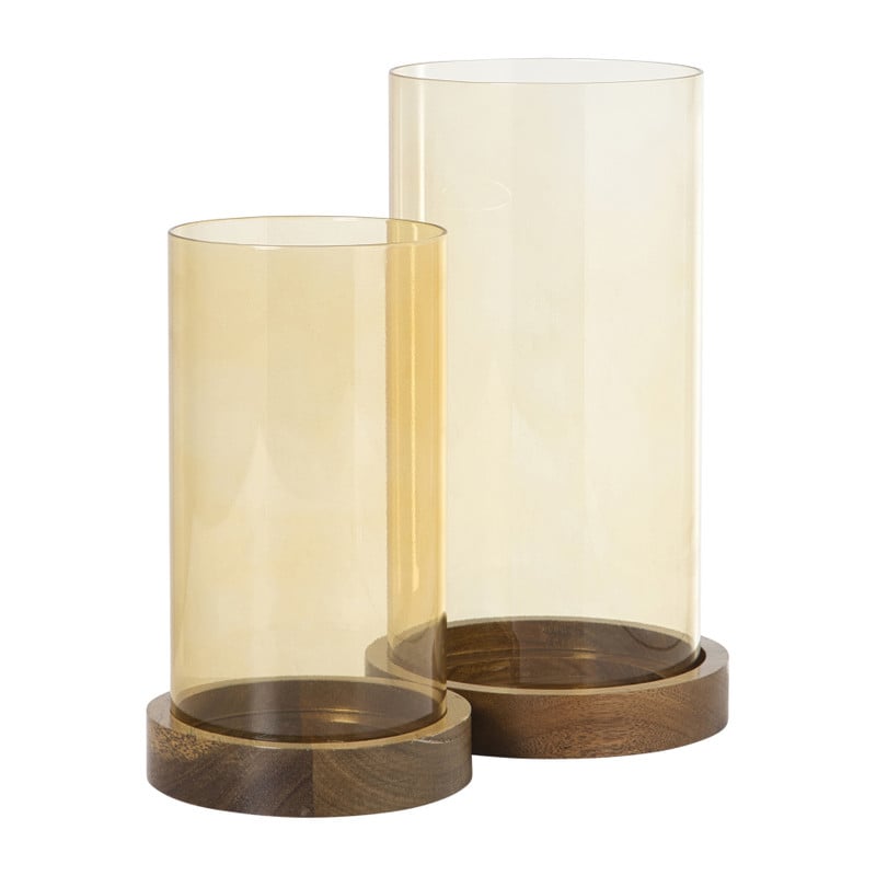 Windlicht glas en hout klein - beige/bruin - ø10x20 cm