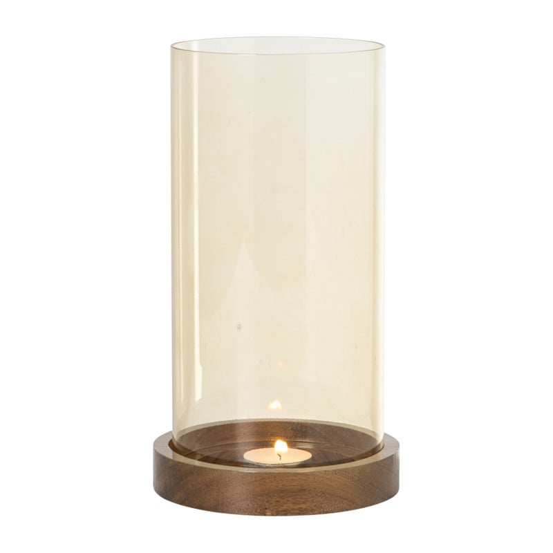 Windlicht glas en hout groot - beige/bruin - ø12x25 cm