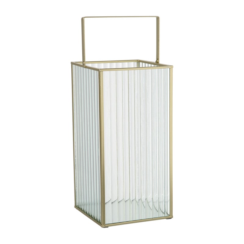 Lantaarn rib vierkant - goud/transparant - 25.5x13x13 cm