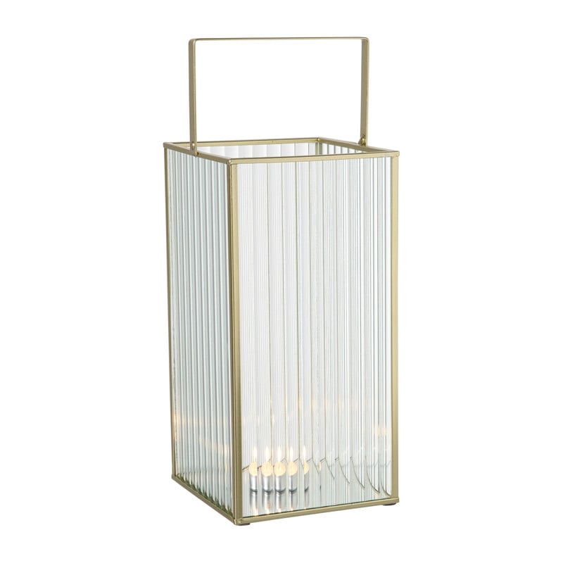 Lantaarn rib vierkant - goud/transparant - 25.5x13x13 cm