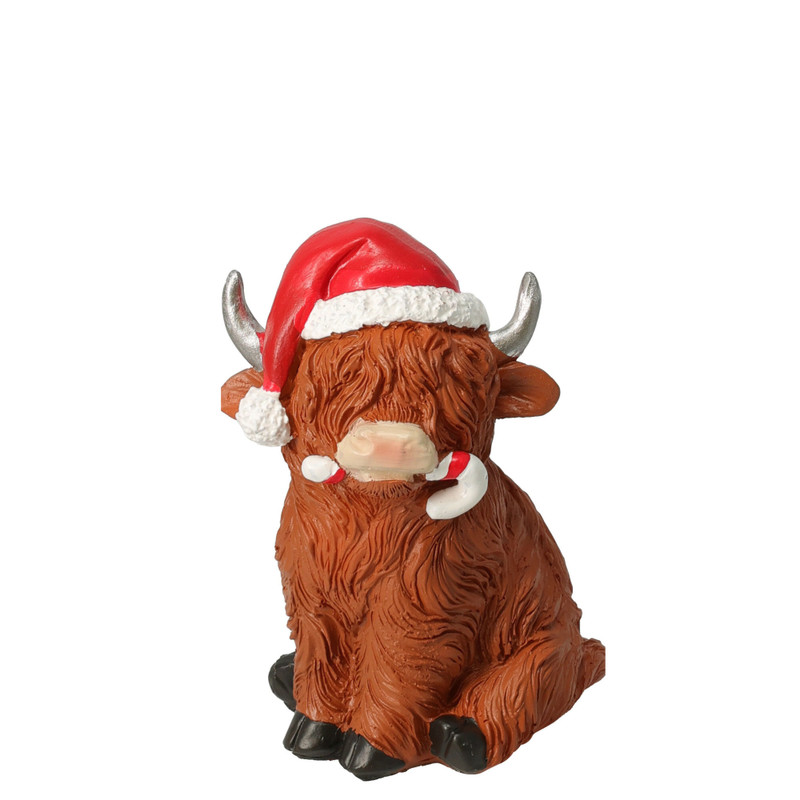 Beeldje koe met kerstmuts - 12 cm - diverse varianten