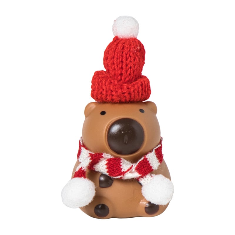 Kerstbeeldje capibara met LED - rood/bruin - 10 cm
