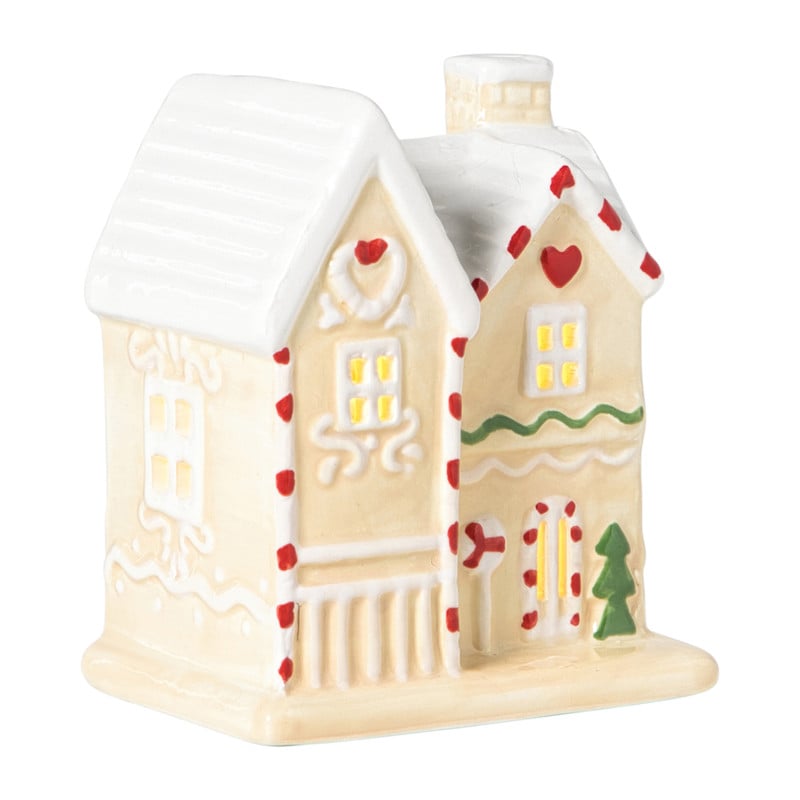 Kersthuisje hartje LED - beige - 10.5x9x6.5 cm