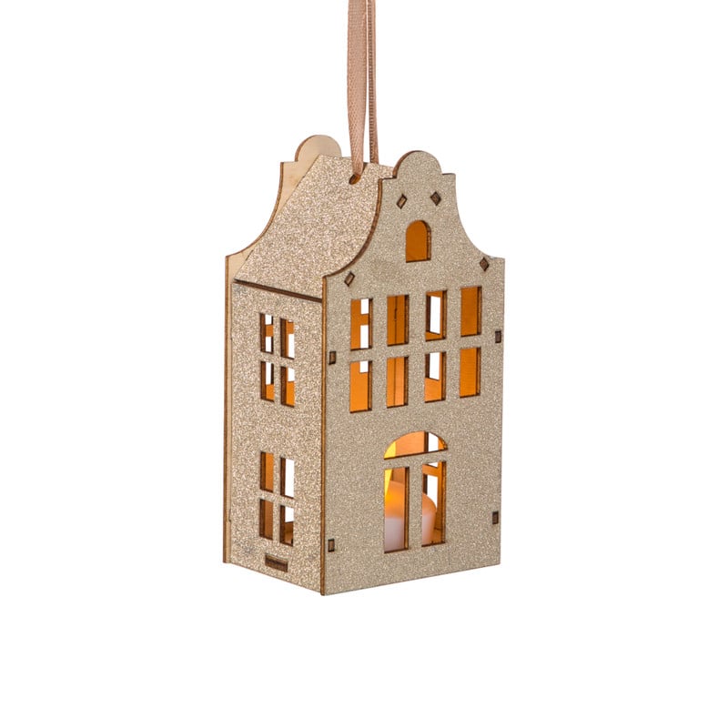 LED kersthuisje - goudkleurig - 11.3x5.8x4.3 cm