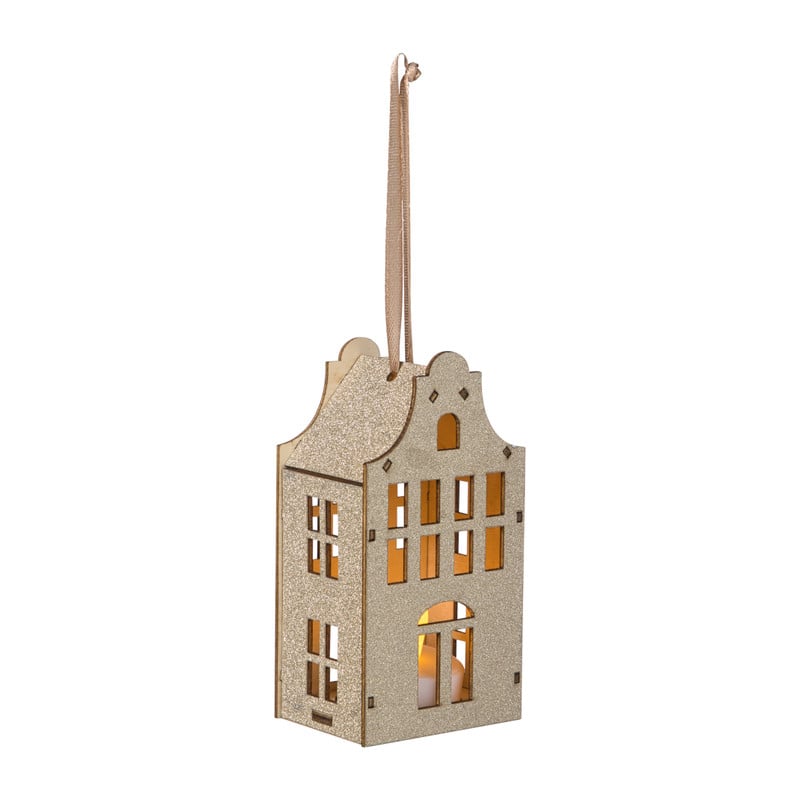 LED kersthuisje - goudkleurig - 11.3x5.8x4.3 cm