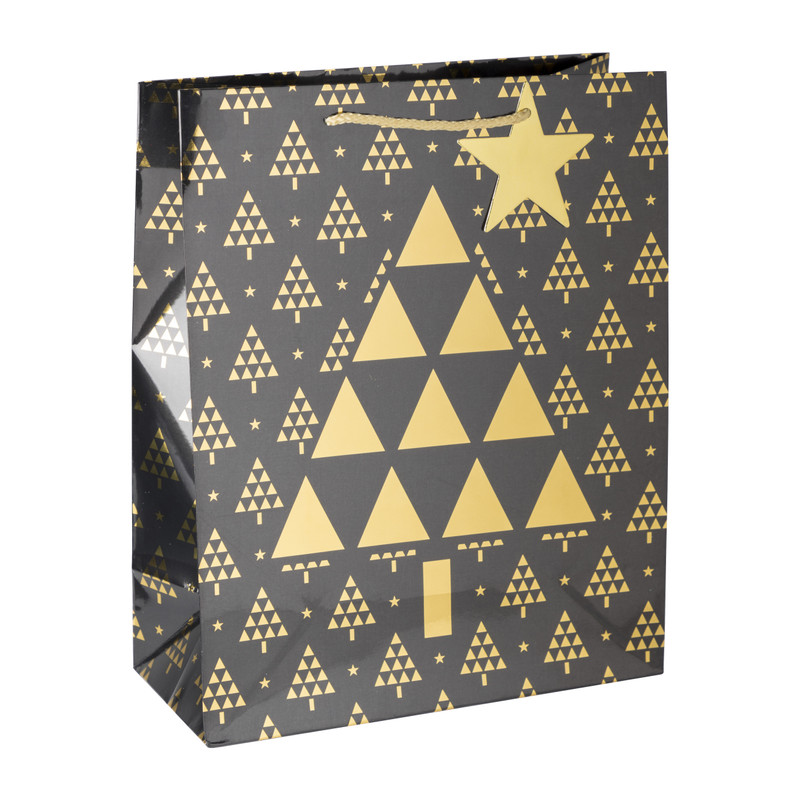 Kerst cadeautas kerstboom - zwart/goud - 26x32.5 cm 