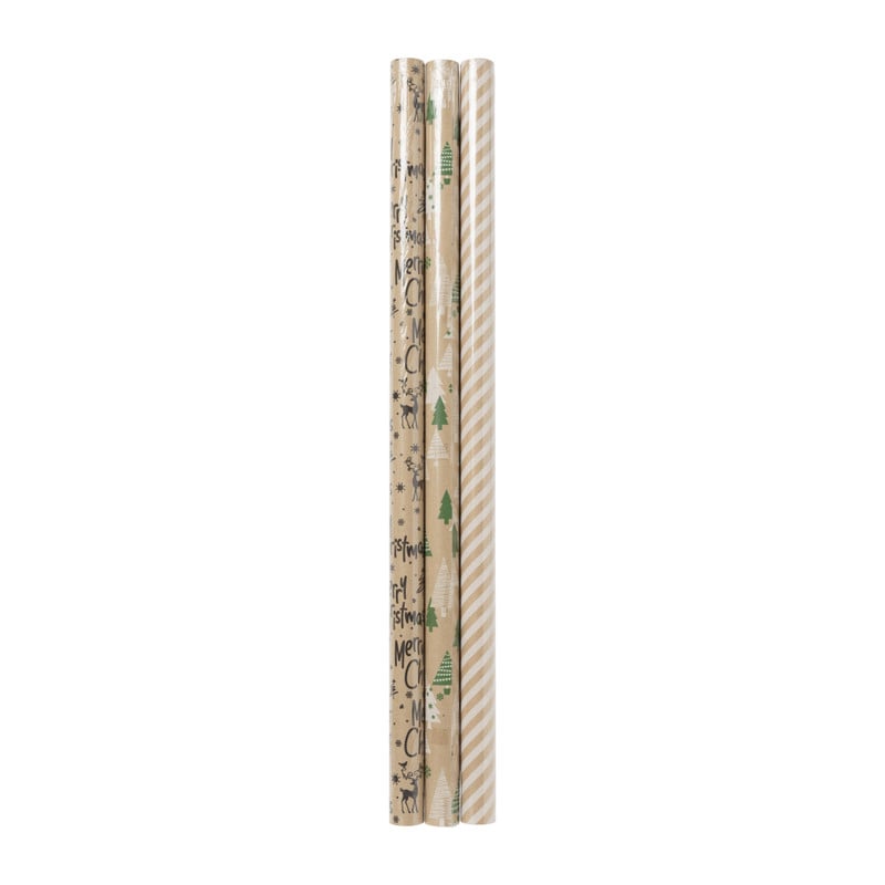 Kerstpapier - 3pack - naturel - 70x10.5 cm