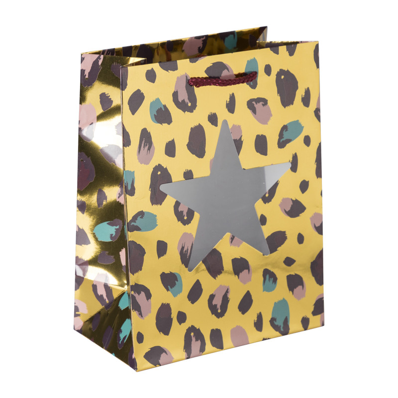 Kerst cadeautas leopard - goud/paars - 17.5x23 cm 