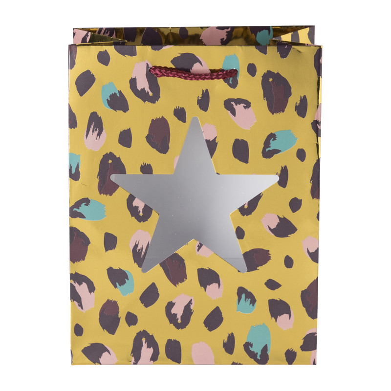 Kerst cadeautas leopard - goud/paars - 17.5x23 cm 