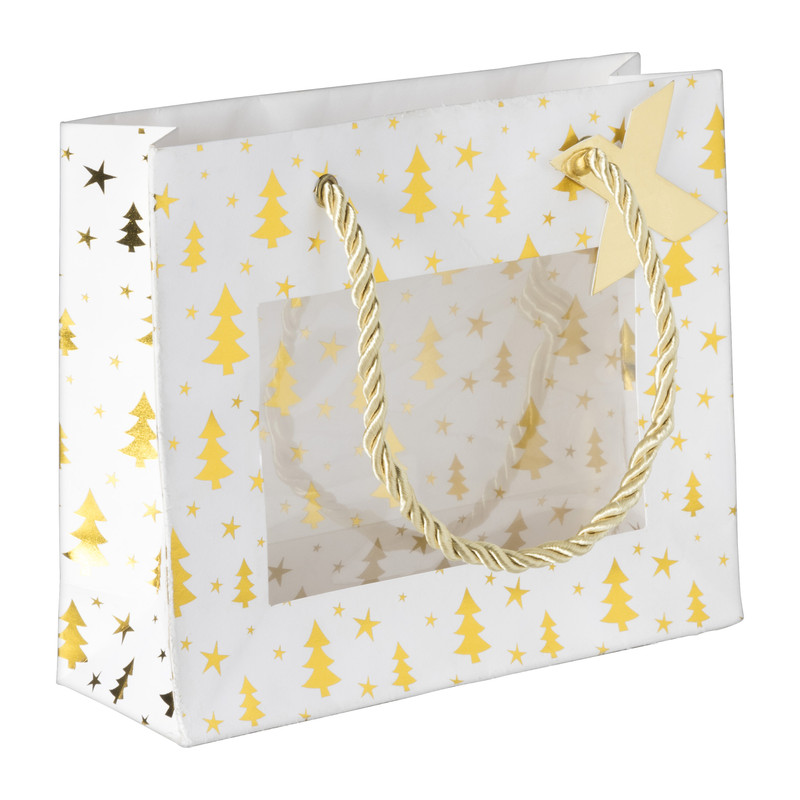 Cadeautas kerstboom - wit/goud - 18x6x15cm