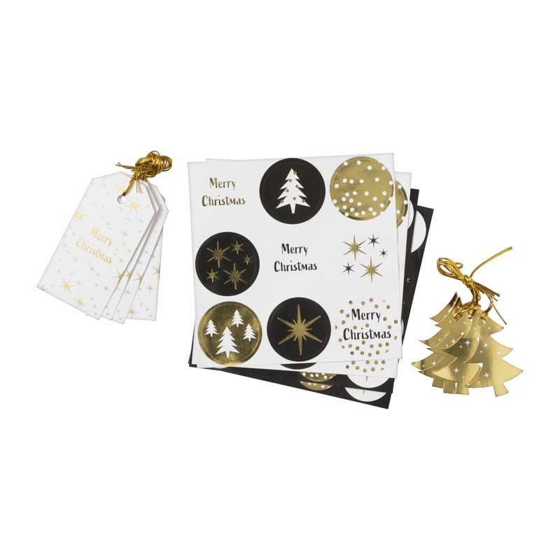 Tag en stickerset kerst - zwart/goudkleurig