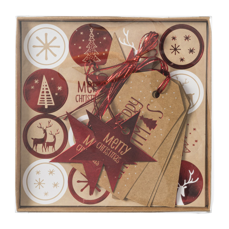 Tag en stickerset kerst - rood/bruin 