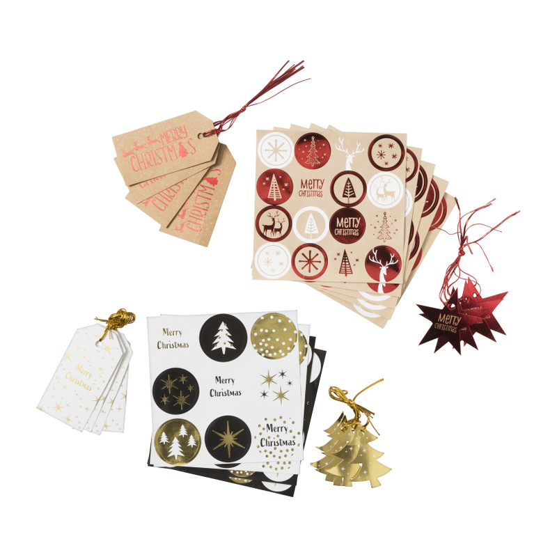 Tag en stickerset kerst - rood/bruin 