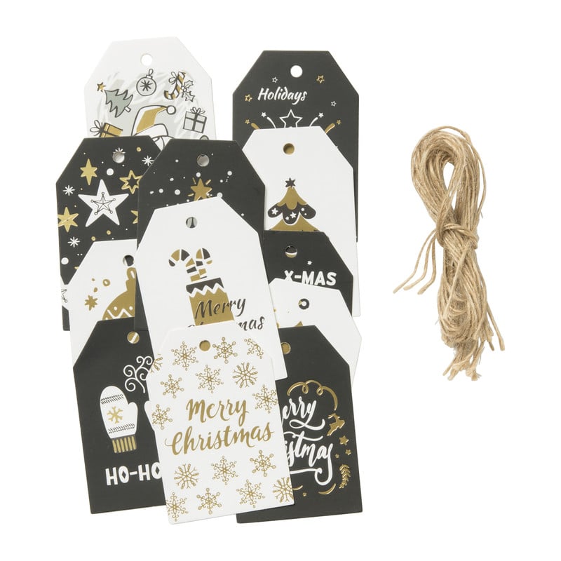Hang tags kerst - zwart/goud - set van 12