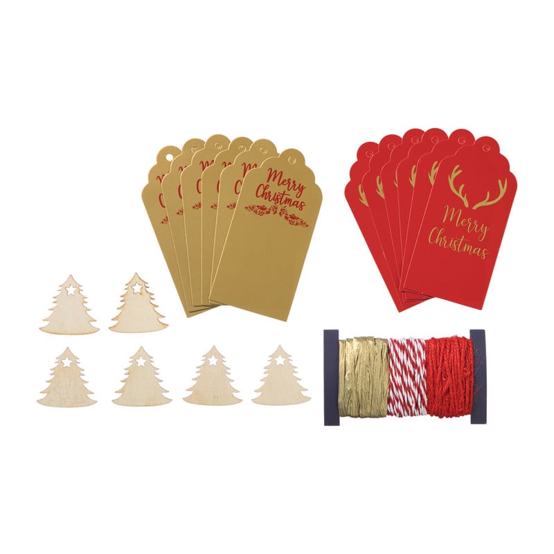 Kerstcadeau tags met lint - rood/goud - set van 18