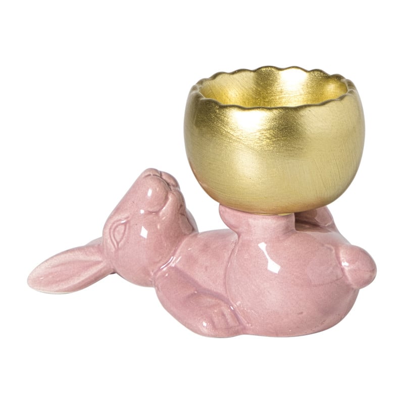 Waxinelichthouder haas - roze/goudkleurig - 8.5x13x6.5 cm