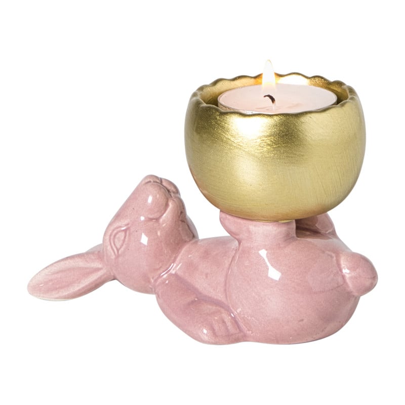 Waxinelichthouder haas - roze/goudkleurig - 8.5x13x6.5 cm