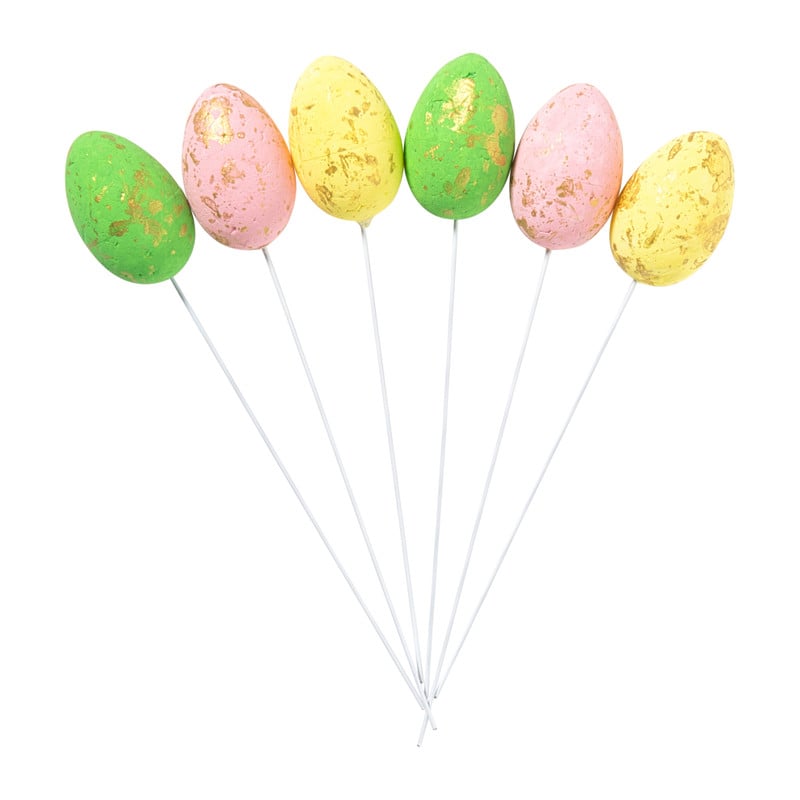 Eieren met goud op draad - geel/paars/roze - set van 6 