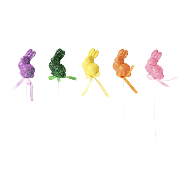 Paashaas glitter op draad - set van 5 - 7x3 cm