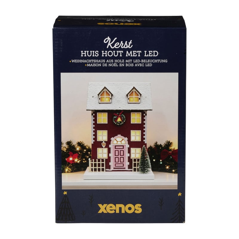 Kersthuis hout met led - rood - 16.5x13x28 cm