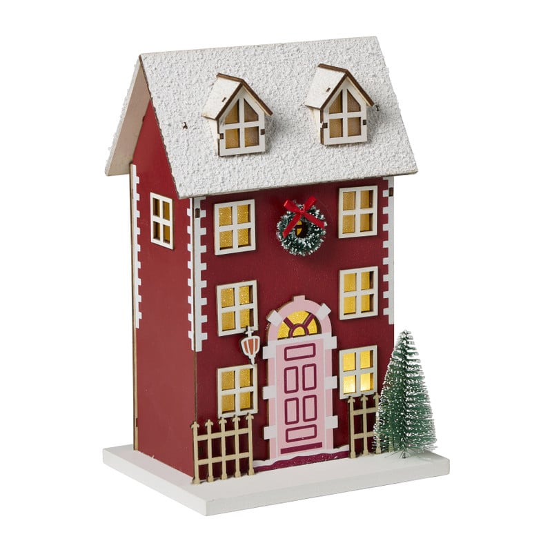 Kersthuis hout met led - rood - 16.5x13x28 cm