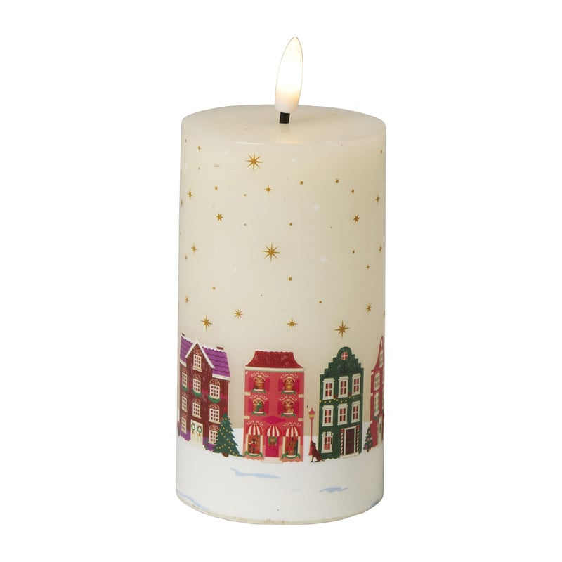 LED kaars met huisjesprint middel - wit - ø7x12 cm 