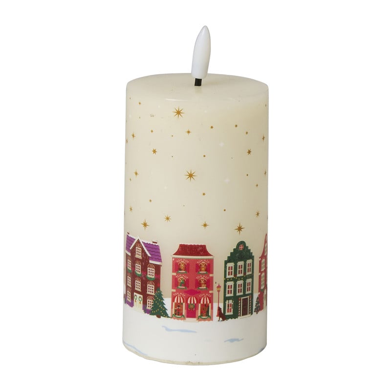 LED kaars met huisjesprint middel - wit - ø7x12 cm 