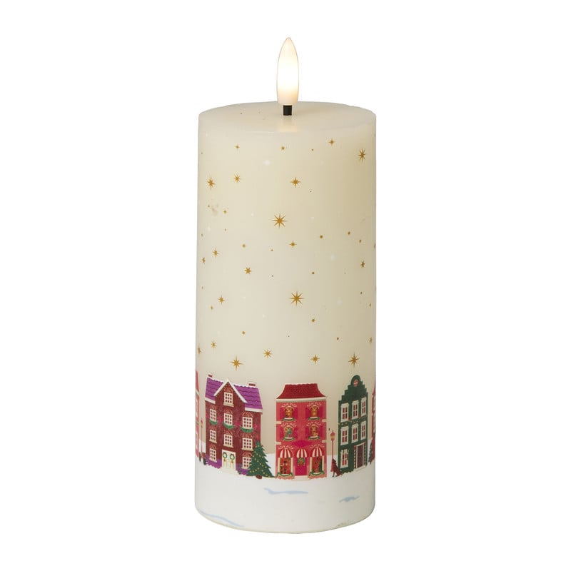 LED kaars met huisjesprint groot - wit - ø7x15 cm 