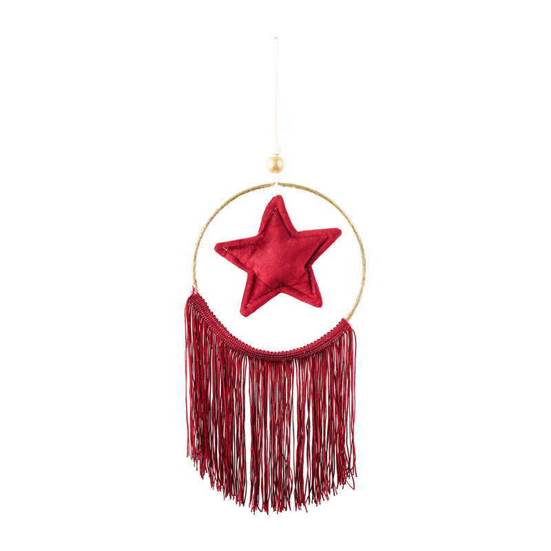 Kersthanger ster met franjes - rood - 15 cm