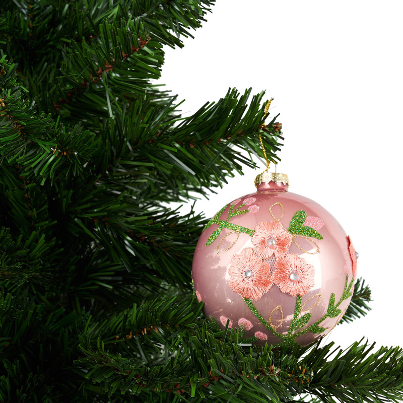 Kerstbal bloem pearl - roze - glas - 10 cm