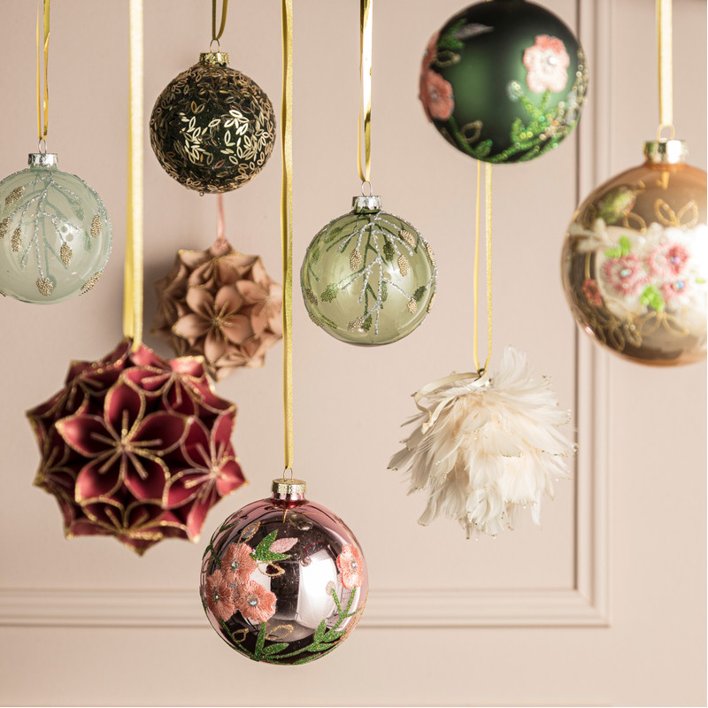 Kerstbal bloem pearl - roze - glas - 10 cm