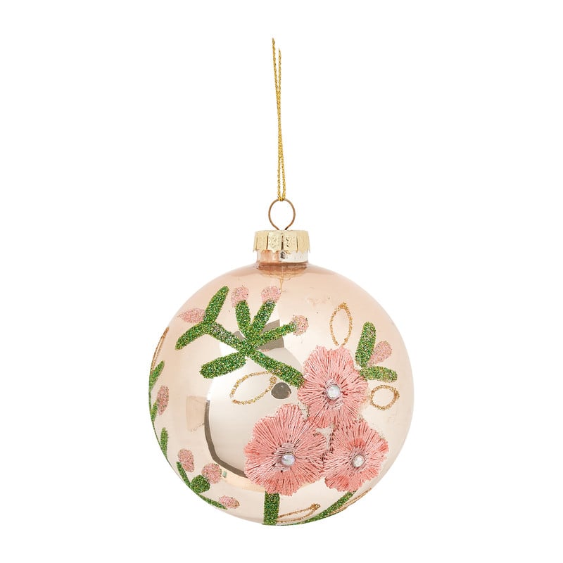 Kerstbal bloem - champagne - glas - 10 cm
