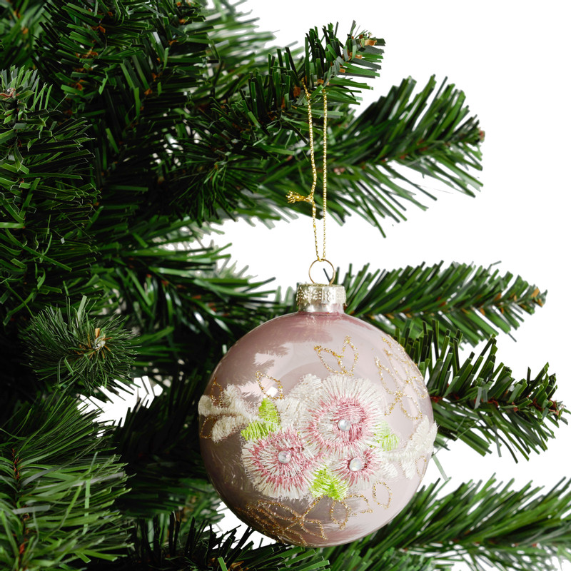 Kerstbal bloem - roze - glas - 8 cm