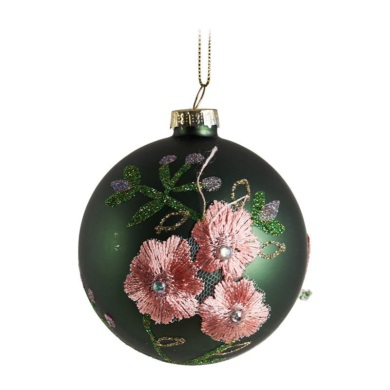 Kerstbal bloem mat - groen - glas - 8 cm