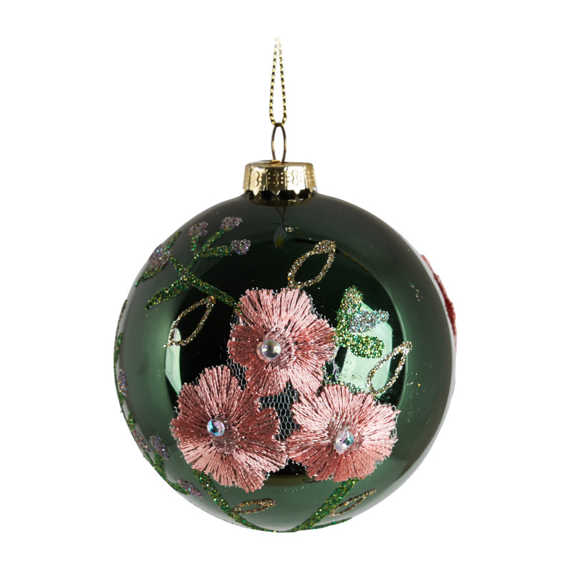 Kerstbal bloem - groen - glas - 8 cm