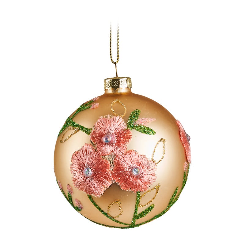 Kerstbal bloem mat - goud - glas - 8 cm