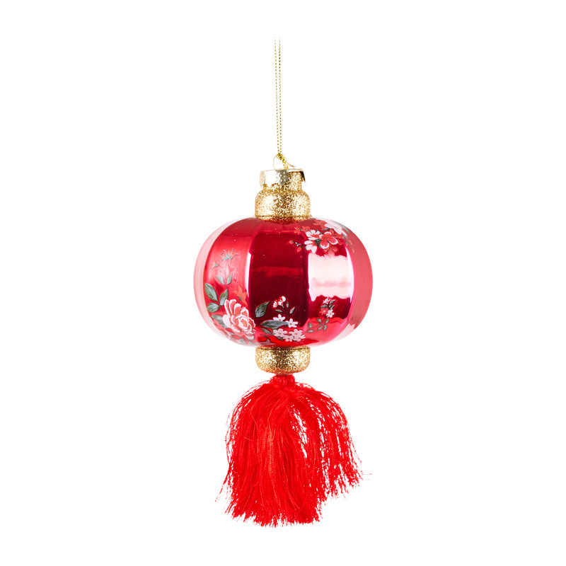 Kerstbal lantaarn kleine bloem - rood - 8 cm