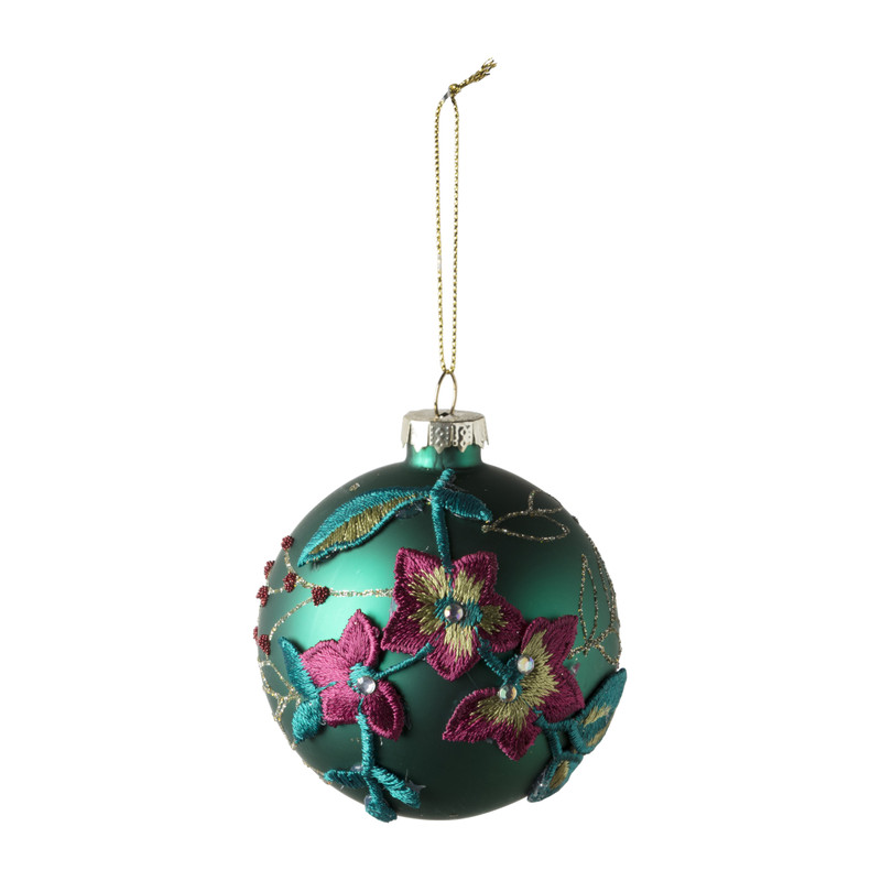 Kerstbal geborduurde bloemen - groen  