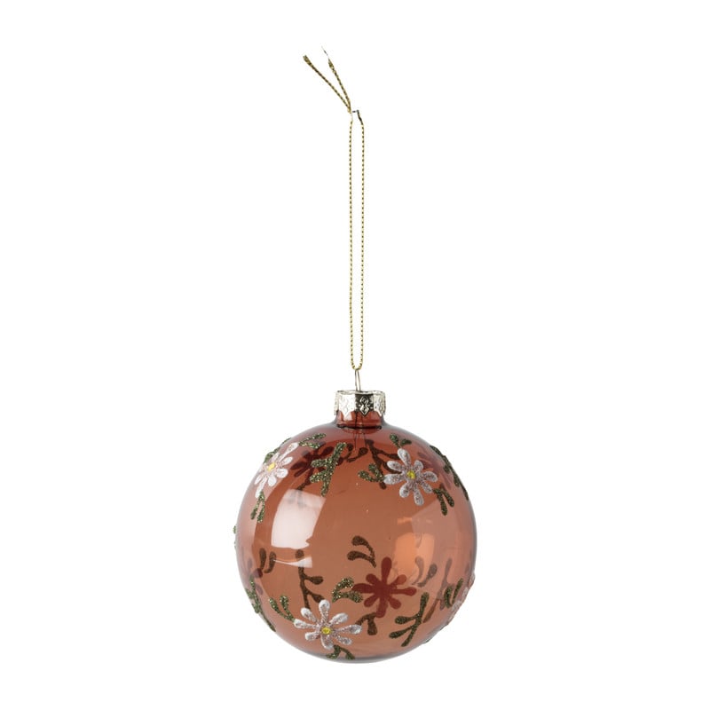 Kerstbal bloemetjes - oranje - ⌀8 cm 