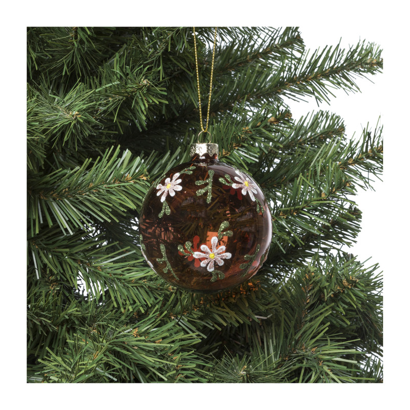 Kerstbal bloemetjes - oranje - ⌀8 cm 