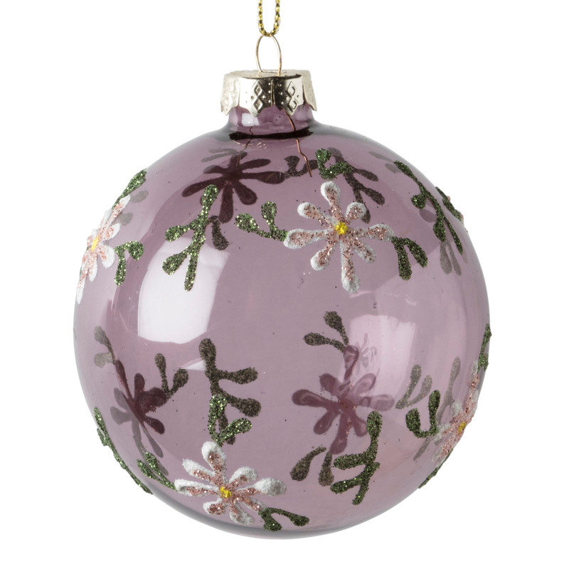 Kerstbal bloemetjes - paars - ⌀8 cm 