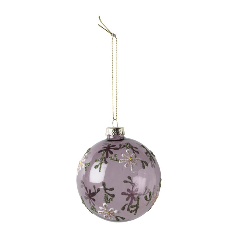 Kerstbal bloemetjes - paars - ⌀8 cm 