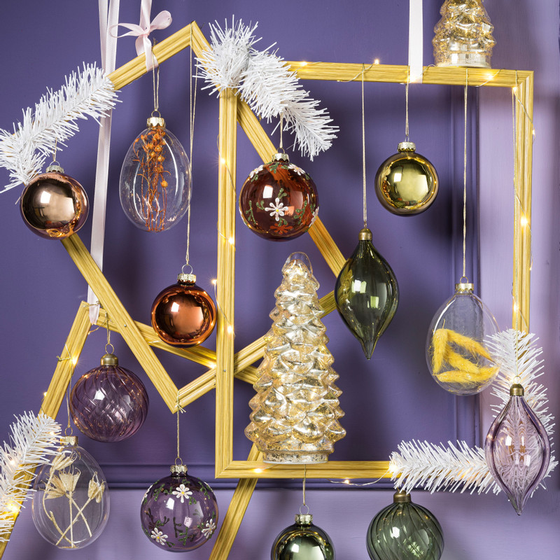 Kerstbal bloemetjes - paars - ⌀8 cm 