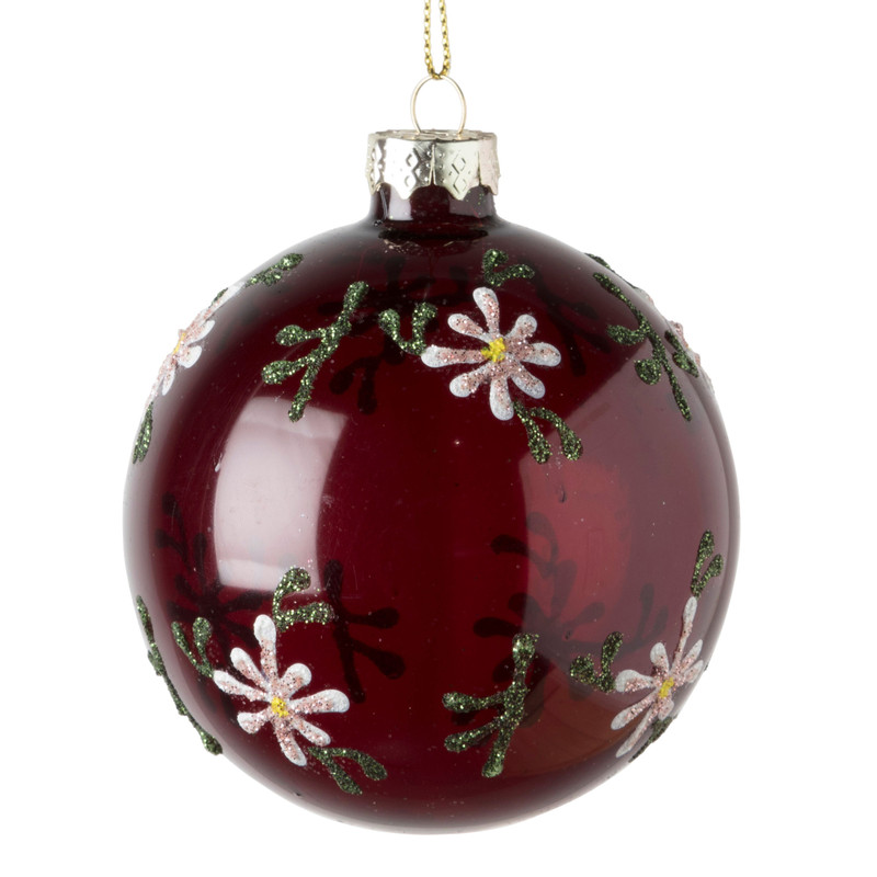 Kerstbal bloemetjes - rood - ⌀8 cm 