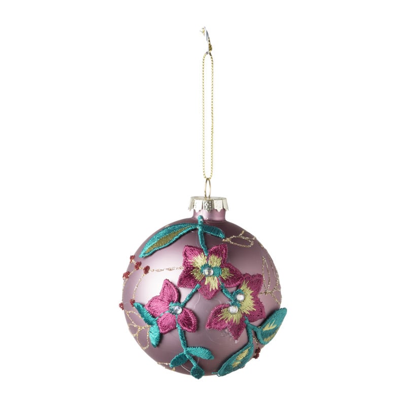 Kerstbal geborduurde bloemen - paars - ø8 cm 