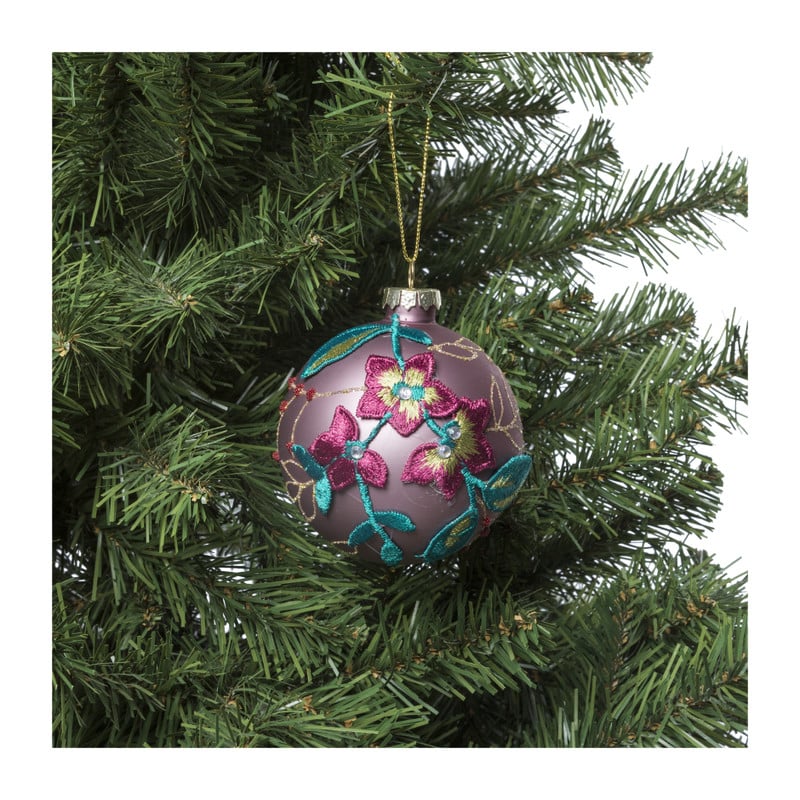 Kerstbal geborduurde bloemen - paars - ø8 cm 