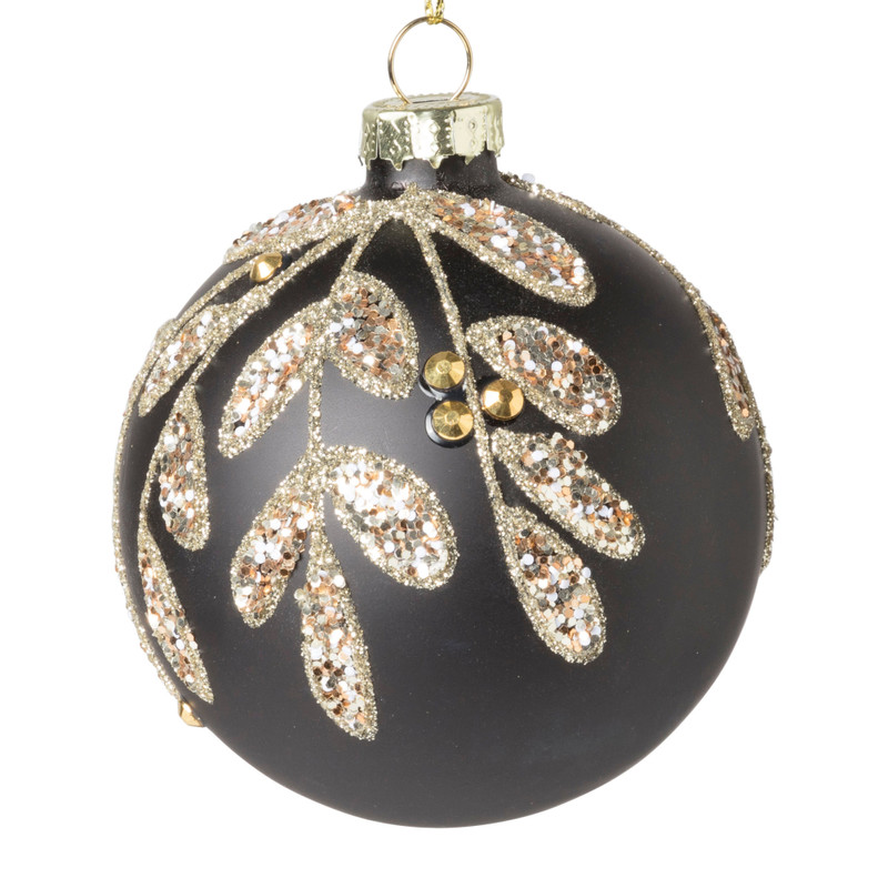 Kerstbal blad - zwart -ø8 cm 