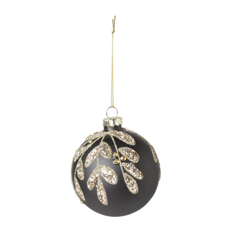 Kerstbal blad - zwart -ø8 cm 