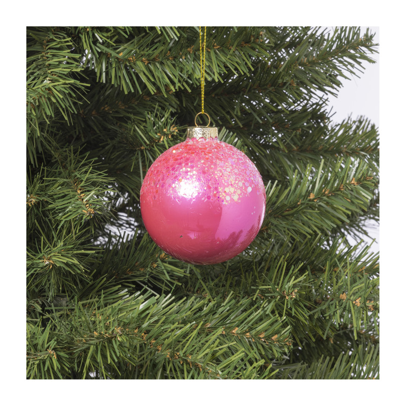 Kerstbal glitter - roze - ø8 cm