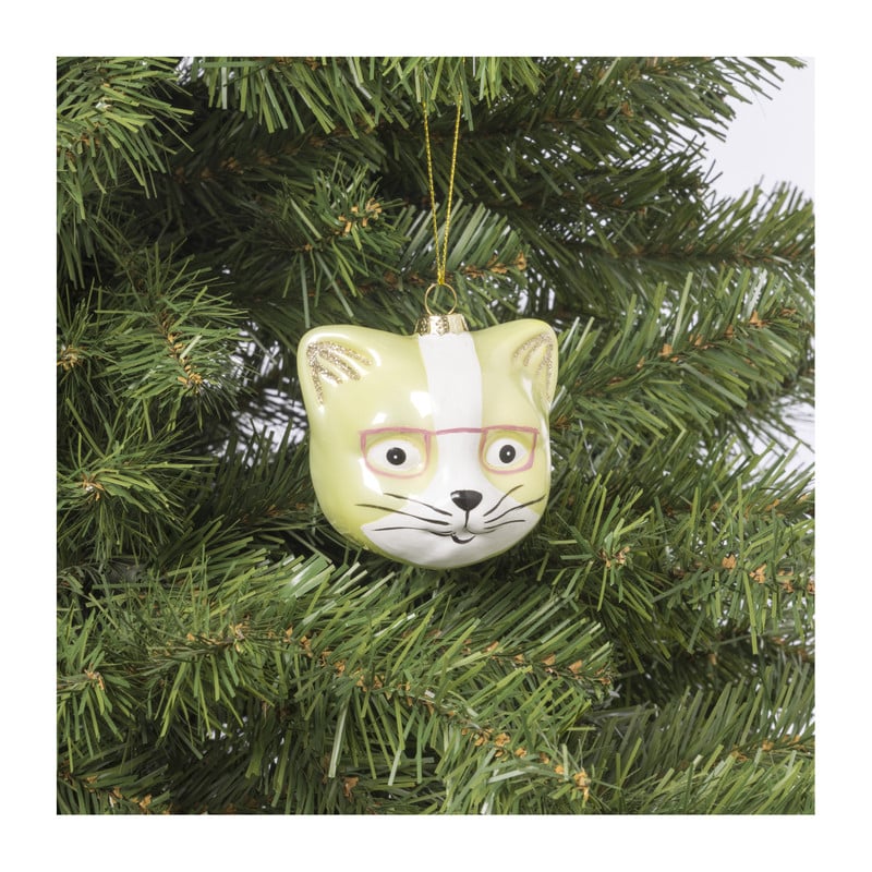 Kerstbal kat met bril - multikleur - 8x7.5x6.5 cm